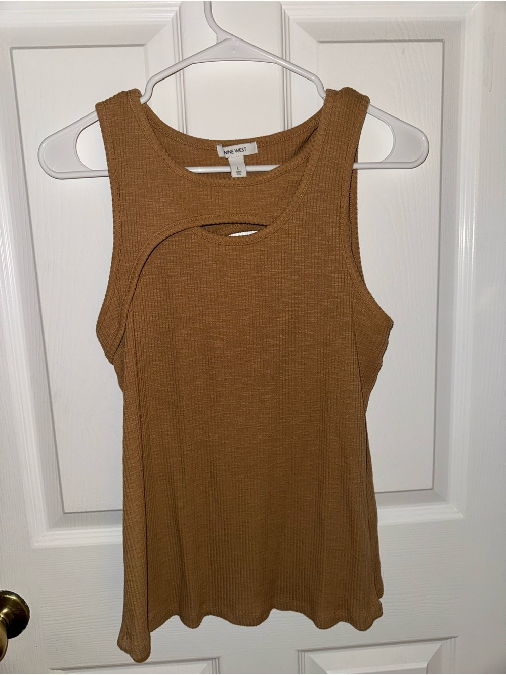 Nine West Ribbed Tank Top with Front Cutout in Camel